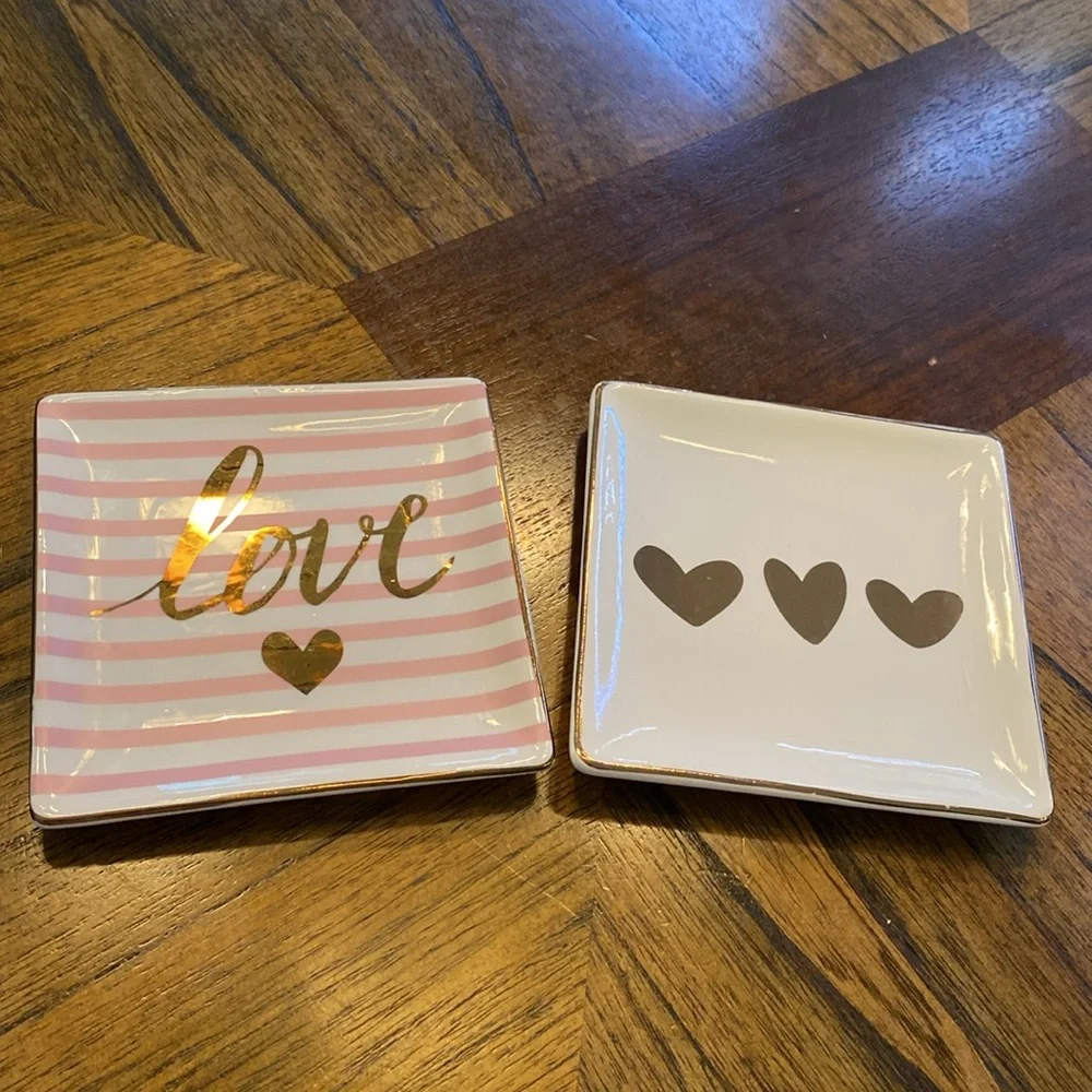 2 Valentine's Day Theme Ceramic Trinket Dishes in Ivory & Pink w/Gold Foil Print